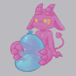 anthro balloon balloon_fetish balloon_popping blue_glans blush buckteeth clawing claws genitals glans grey_background horn humanoid_genitalia humanoid_penis inflatable magic magic_light male penis pink_body pink_horn pink_skin popped_balloon respawning simple_background sitting solo tail teeth young young_anthro young_male badipoki imp 1:1 animated