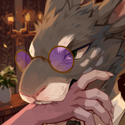 ambiguous_gender anthro bite cheek_tuft disembodied_hand duo eyewear facial_tuft fur glasses glistening glistening_eyes green_eyes grey_body grey_fur head_tuft inside male round_glasses solo_focus tinted_glasses tuft white_body white_fur corzh77 vc_wolffe_(vc_wolffe) lagomorph leporid mammal rabbit 1:1 hi_res