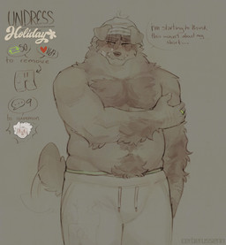 anthro arm_hair band-aid band-aid_on_face bandage bandage_on_face beanie belly body_hair bottomwear chest_hair clothing dialogue dreadlocks ear_piercing facial_hair floppy_ears fur goatee hairy_hands happy_trail hat headgear headwear holding_arm like_goal male markings mole_(marking) musclegut muscular mustache nervous pants piercing pink_eyes pubes retweet_goal ring shy snaggle_teeth solo stubble sweatpants tail tail_motion tailwag text underwear white_body white_fur cerberussenn strip_meme louie_sweeto_(cerberussenn) rj_holiday_(cerberussenn) canid canine canis domestic_dog livestock_guardian_dog mammal molosser mountain_dog pastoral_dog tibetan_mountain_dog wolf absurd_res english_text hi_res monochrome sepia signature