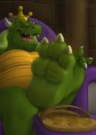 2016 3_toes anthro barefoot belly biped bodily_fluids castle chair claws clothing crown digital_media_(artwork) dirty_feet feet foot_focus footwear furniture grin headgear hi_res king_koopa koopa lizard male mario_bros musk naughty_face nintendo nude overweight overweight_anthro overweight_male plantigrade reptile riproarrex sandals scalie shaded sitting smell smelly smelly_feet smile soles solo story story_in_description sweat sweaty_feet throne toe_claws toes toony
