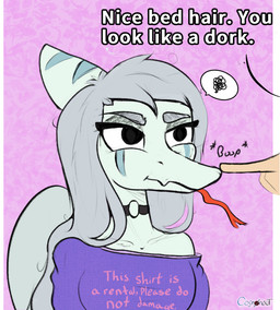 anthro back_wings bedhead bone_frill boop bottomless choker clothed clothing dialogue duo emanata fangs female food frill_(anatomy) fruit frustration_cloud grey_hair hair jewelry male male/female necklace nose_boop pink_background plant raspberry shirt shirt_only simple_background snout speech_bubble teeth text text_on_clothing text_on_shirt text_on_topwear tongue topwear topwear_only wings cosmonaut cavemanon_studios goodbye_volcano_high ko_op_(game_developer) snoot_game anon_(snoot_game) fang_(gvh) human mammal prehistoric_species pterosaur reptile scalie colored signature