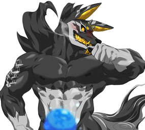 2_horns 5_fingers abs anthro anthrofied arms_bent black_nose black_sclera blush claws convenient_censorship finger_claws fingers gloves_(marking) grey_body grey_tail grin grinning_at_viewer head_turned horn humanoid_hands looking_at_viewer male male_anthro markings multicolored_body multicolored_tail muscular muscular_anthro muscular_male nipples nude_anthro nude_male open_mouth open_smile orb pupils simple_background smile smiling_at_viewer snout standing tail teeth two_tone_tail white_background yellow_eyes yellow_fangs yellow_inner_ear yellow_teeth pitania4 maplestory nexon hundun_(maplestory) canid canine canis mammal wolf 2022 digital_drawing_(artwork) digital_media_(artwork) half-length_portrait hi_res portrait shaded