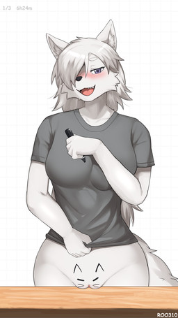 5_fingers anthro arms_bent bangs bedroom_eyes big_breasts biped black_nose blush blushing_at_viewer bodily_fluids bottomless bottomless_anthro bottomless_female breasts cheek_tuft clitoris clothed clothed_anthro clothed_female clothing curvy_figure eyebrows eyelashes facial_tuft female female_anthro fingers front_view fur fur_tuft furniture genitals grey_clothing grey_shirt grey_t-shirt grey_topwear hair hair_over_eye half-closed_eyes holding_marker holding_object hourglass_figure humanoid_genitalia humanoid_hands humanoid_vulva inner_ear_fluff iris long_hair looking_at_viewer marker monotone_body monotone_clothing monotone_fur monotone_hair monotone_shirt monotone_t-shirt monotone_topwear narrowed_eyes one_eye_obstructed open_mouth pattern_background pink_blush pink_clitoris pink_tongue pose pupils purple_eyes seductive sharp_teeth shirt shirt_only simple_background small_waist solo sweat sweatdrop t-shirt t-shirt_only table tail teeth text tongue topwear topwear_only tuft vulva white_background white_body white_eyebrows white_fur white_hair white_inner_ear_fluff white_sclera white_text white_tuft wide_hipped_anthro wide_hipped_female wide_hips roo310 pussy-cat_(meme) roos canid canine canis domestic_dog mammal nordic_sled_dog samoyed spitz 9:16 absurd_res artist_name colored digital_drawing_(artwork) digital_media_(artwork) hi_res meme portrait shaded three-quarter_portrait