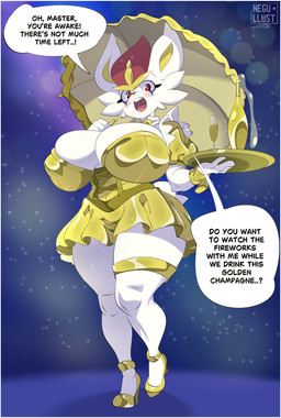 anthro big_breasts biped blush breasts clothed clothing dialogue dress eyelashes female female_anthro footwear fur high_heels huge_breasts master pupils shoes solo speech_bubble text thick_thighs umbrella white_body yellow_clothing negullust nintendo pokemon cinderace generation_8_pokemon pokemon_(species) hi_res