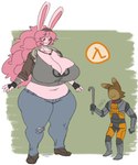 anthro big_breasts breasts cleavage clothed clothing cosplay crowbar duo female fur hair hev_suit holding_crowbar larger_female long_hair male male/female pink_body pink_fur pink_hair red_eyes simple_face size_difference slightly_chubby smaller_male smile tools little_hareboy half-life valve bunilla_(bunillabunbun) hareboy_(little_hareboy) lagomorph leporid mammal rabbit hi_res