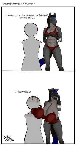 anthro awkward_moment big_breasts border bra breasts clothing duo female fitting huge_breasts hyper hyper_breasts npc text underwear wardrobe_malfunction white_border wobble mel_vixen_(artist) bra_strap_showing_(meme) nina_emerald_said canid canine canis equid equine horse hybrid mammal wolf absurd_res comic english_text hi_res meme