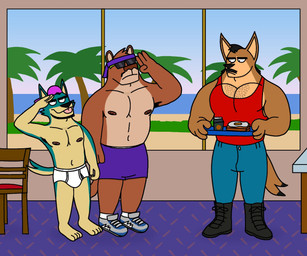 anthro armpit_hair beard black_boots black_clothing black_footwear black_hair blue_body blue_clothing blue_footwear blue_fur blue_shoes blue_sky blue_sneakers blue_water body_hair boots bottomwear briefs briefs_only brown_body brown_fur clothed clothing eyebrows facial_hair footwear fully_clothed fur gesture gradient_sky green_trees grey_clothing grey_footwear grey_shoes grey_sneakers group hair inside male monotone_briefs monotone_clothing monotone_underwear muscular muscular_male mustache orange_body orange_fur palm_tree plant purple_baseball_cap purple_bottomwear purple_clothing purple_shorts salute shoes shorts sky sneakers socks tan_body tan_fur thick_eyebrows tighty_whities topless topless_anthro topless_male tree trio underwear underwear_only white_briefs white_clothing white_footwear white_socks white_underwear eddicus cody_(eddicus) eduardo_(eddicus) travis_(eddicus) canid canine cougar felid feline mammal hi_res