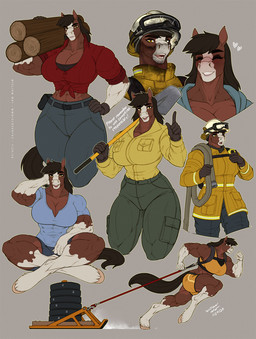 5_fingers abs anthro armor biceps big_breasts black_hair blush blush_lines bottomwear breasts brown_body brown_fur cleavage clothed clothing crossed_legs exercise exercise_clothing female fingers fire_hose firefighter fur gloves grey_background hair hand_on_hip handwear headgear helmet holding_log holding_object holding_shovel holding_tool long_hair multiple_poses muscular muscular_anthro muscular_female pants pose running shirt shovel simple_background sitting small_waist smile solo sportswear t-shirt text thick_thighs tied_shirt tight_clothing tools topwear uniform weights wide_hips yellow_eyes wmdiscovery93 leslie_ward_(spyglass8) equid equine horse mammal 2026 digital_media_(artwork) english_text hi_res watermark