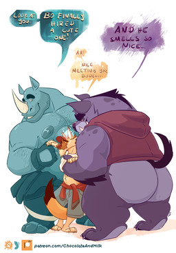 anthro big_butt blue_body blue_bottomwear blue_clothing blue_gloves blue_handwear blue_nipples blue_skin bodily_fluids bottomless bottomwear butt clothed clothing facial_horn fur gloves grey_bottomwear grey_clothing grey_shorts grin group handwear hat headgear headwear horn male male_anthro muscular muscular_anthro muscular_male narrowed_eyes nipples nose_horn notched_ear obese obese_anthro obese_male overweight overweight_anthro overweight_male purple_body purple_fur red_clothing red_hat red_headwear red_topwear shorts simple_background slim_anthro slim_male smile speech_bubble standing sweat sweaty_face tan_body tan_fur text topless topwear trio undressing_another wavy_mouth white_background white_clothing white_hat white_headwear white_topwear chocolateandmilk canid canine canis domestic_dog hyena mammal rhinoceros english_text hi_res