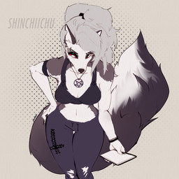 accessory anthro athletic belly biped black_body black_fur bra breasts clothing electronics exercise eyelashes eyeshadow female fur hair_accessory hair_ribbon legwear makeup navel phone ribbons simple_background solo thigh_highs underwear white_body white_fur workout shinchiichu hellaverse helluva_boss mythology loona_(helluva_boss) canid canid_demon canine demon hellhound mammal mythological_canine mythological_creature 1:1 2021 digital_media_(artwork) hi_res watermark