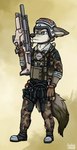 anthro black_body black_fur blue_eyes clothing fur grey_body grey_fur gun male military_uniform ranged_weapon rifle solo uniform weapon ziegelzeig alpha_and_omega humphrey_(alpha_and_omega) canid canine canis mammal wolf 2023