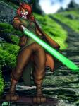 anthro belt clothing digitigrade feet female foot_wraps fur gloves green_eyes green_lightsaber hair handwear holding_object holding_weapon leather leather_clothing leather_gloves leather_handwear lightsaber melee_weapon orange_body orange_fur pouches red_hair robe shoulder_cape weapon wraps asarkadraws star_wars fan_character keris_(path_of_the_sentinel) amaran canid canine fox mammal 2017 3:4 absurd_res hi_res