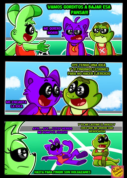 anthro black_eyes clothing female green_body group male purple_body shirt text topwear trio rocketlennon mob_entertainment nightmare_critters poppy_playtime smiling_critters allister_gator_(poppy_playtime) catnap_(poppy_playtime) hoppy_hopscotch alligator alligatorid crocodilian domestic_cat felid feline felis lagomorph leporid mammal rabbit reptile scalie absurd_res comic hi_res spanish_text