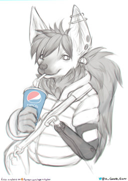 amputee anthro bendy_straw clothing disability drinking drinking_straw ear_piercing female flesh_tunnel gauged_ear hair industrial_piercing jacket neck_tuft piercing prosthetic prosthetic_arm prosthetic_limb shoulder_bag simple_background solo tied_hair topwear tuft white_background the_gentle_giant bepis lillith_toa_idril canid canine mammal maned_wolf absurd_res chromatic_aberration greyscale hi_res monochrome