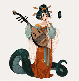 accessory apode asian_clothing chinese_clothing chinese_hairpin clothed clothing countershading east_asian_clothing female hair_accessory hairpin holding_musical_instrument holding_object legless lipstick living_hair makeup musical_instrument open_mouth open_smile pipa_(instrument) pseudo_hair red_clothing scales serpentine smile snake_hair solo split_form string_instrument text juanmao1997 asian_mythology chinese_mythology east_asian_mythology mythology draconcopode lamia reptile scalie snake 2020 chinese_text hi_res