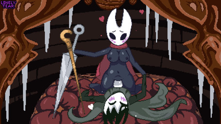abdominal_bulge ambiguous_gender bed belly blue_body blush bounce bouncing_breasts breasts cloak clothing duo empty_eyes female female/ambiguous female_on_top front_view furniture genitals hand_holding heart_symbol jiggling mask nail_(weapon) nipples on_top penetration penis thick_thighs vaginal vaginal_penetration lonelytear hollow_knight_(franchise) team_cherry hornet_(hollow_knight) phantom_(hollow_knight:_silksong) arachnid arthropod spider 16:9 animated digital_media_(artwork) hi_res no_sound pixel_(artwork) pixel_animation short_playtime video widescreen nonbinary_(lore)