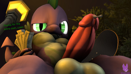 anthro balls belly bodily_fluids claws erection exhibitionism genital_fluids genitals green_eyes male money moobs navel plant precum prostitution public public_nudity skateboard slightly_chubby solo street_lamp tail tree vehicle qualske98 friendship_is_magic hasbro my_little_pony mythology spike_(mlp) dragon mythological_creature mythological_scalie scalie 16:9 4k absurd_res hi_res widescreen