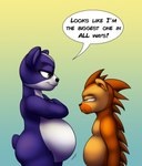 anthro belly comparing crossed_arms dialogue duo eye_contact female half-closed_eyes looking_at_another male narrowed_eyes overweight overweight_anthro overweight_female panda_tail side_view simple_background slightly_chubby slightly_chubby_anthro slightly_chubby_male smile smirk speech_bubble text thick_thighs clock-face hasbro littlest_pet_shop littlest_pet_shop_(2012) penny_ling russell_ferguson bear eulipotyphlan giant_panda hedgehog mammal 2017 english_text hi_res