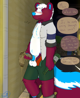 alcohol animal_genitalia animal_penis anthro balls beverage blush bodily_fluids body_hair boots bottomwear canine_genitalia canine_penis caught_in_the_act clothed clothing cock_sock cum_stains dialogue drunk erection footwear fur genital_fluids genitals hair knot legwear male messy night outside peeing penile penis penis_clothing plant public public_nudity sex shoes smelly smile sock_fetish socks solo speech_bubble substance_intoxication tail text topwear underwear urine urine_stream urine_through_clothing watersports olidre olidre_(olidre) mammal mephitid skunk absurd_res digital_media_(artwork) english_text hi_res