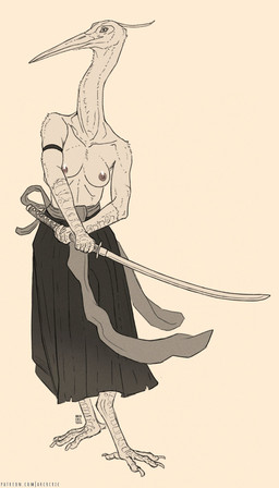 anthro areola beak belt breasts clothed clothing female katana melee_weapon nipples solo sword topless weapon arcr-cric avian bird heron pelecaniform 2026 hi_res