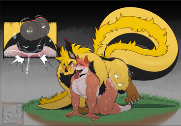 all_fours anal anthro anus balls big_muscles big_pecs big_tail blush bodily_fluids close-up cum cum_inside duo fur genital_fluids genitals grass horn knot male muscular pecs plant sweat tail tongue tongue_out yellow_body yellow_fur had0u mythology dergun canid canine dragon furred_dragon furred_scalie mammal mythological_creature mythological_scalie scalie