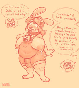 anthro areola barefoot belly big_breasts blush bodily_fluids breasts buckteeth bulge clothed clothing collar cowbell dialogue dripping embarrassed exposed_breasts eyelashes feet gynomorph hair huge_breasts inner_ear_fluff intersex lactating long_ears looking_down neck_tuft nipple_piercing nipples offscreen_character overalls overweight overweight_anthro overweight_gynomorph overweight_intersex partially_clothed piercing puffy_areola shortstack shortstack_gynomorph shortstack_intersex smile solo speech_bubble standing studs teeth text thick_thighs tight_clothing torn_clothing tuft keffotin soleil_(keffotin) lagomorph leporid mammal rabbit 2020 english_text full-length_portrait hi_res monochrome pictographics portrait trans_(lore) trans_woman_(lore)