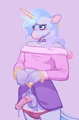 1_horn animal_genitalia animal_penis anthro balls bangle blue_body blue_eyes blue_hair blush bodily_fluids bottomwear bracelet choker clothed clothing clothing_around_legs crop_top crossdressing crotch_tuft dripping ear_piercing equine_genitalia equine_penis eyeliner femboy flared_penis genital_fluids genitals gradient_hair hair half-erect horn jewelry makeup male male_anthro medial_ring miniskirt monotone_background monotone_body multicolored_hair necklace panties panties_around_legs panties_down partially_clothed penis piercing pink_clothing pink_crop_top pink_shirt pink_topwear precum precum_drip presenting presenting_penis purple_background purple_clothing raised_bottomwear raised_clothing raised_skirt sharp_horn sheath shirt shoulderless_topwear simple_background skirt snout solo standing text topwear tuft underwear underwear_around_legs underwear_down wrist_bangle nebulabunny mythology celeste_(nebulabunny) equid equine mammal mythological_creature mythological_equine unicorn artist_name digital_drawing_(artwork) digital_media_(artwork) signature