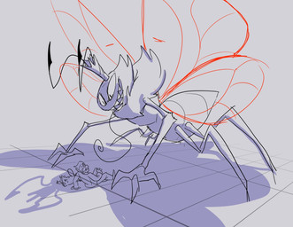 2_antennae 3_fingers 4_legs 4_wings ambiguous_feral ambiguous_gender ambiguous_taur arthropod_abdomen bodily_fluids buckteeth clothed clothed_human clothing crown evil_face eye_contact eyespots feral fingers group head_tuft headgear insect_wings larger_taur lepidopteran_wings long_tongue looking_at_another lying male male_human markings multi_wing nude_taur on_front open_mouth open_smile pupils quadruped ruff scared shadow sharp_teeth sitting size_difference small_pupils smaller_feral smaller_human smile spread_wings sweat sweatdrop tail teeth threatening tongue tongue_out trio tuft wing_markings wings glean143466 disney hoppers_(disney) pixar jerry_generazzo mabel_tanaka titus_(hoppers) arthropod beaver butterfly human insect lepidopteran mammal rodent taur 2026 cel_shading digital_drawing_(artwork) digital_media_(artwork) hi_res partially_colored shaded sketch