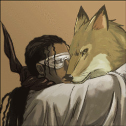 anthro black_hair blind disability duo hair hug male male/male simple_background unknown_artist bleach_(series) kaname_tosen sajin_komamura canid canine canis human mammal wolf 1:1 low_res thumbnail