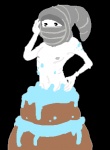 4_fingers cake crossgender dessert fingers food food_fetish food_play front_view hand_on_hip head_wrapping in_food male mostly_nude not_furry pecs pop_out_cake simple_background solo transparent_background white_body white_skin reiface homestuck ms_paint_adventures peregrine_mendicant alien alien_humanoid carapacian humanoid aliasing alpha_channel digital_media_(artwork) low_res