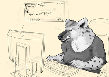 5_fingers angry anthro big_breasts breasts cleavage clenched_teeth clothed clothing comment computer electronics female fingers fur humanoid_hands keyboard solo teeth text doctordj hyena mammal spotted_hyena 2023 digital_media_(artwork) english_text hi_res