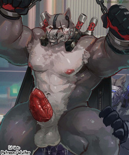 abs anal anal_penetration animal_genitalia animal_penis anthro balls bandage barazoku bdsm biceps big_muscles big_pecs big_penis blush bodily_fluids bound cape clothing cuff_(restraint) cum duo erection eye_scar facial_scar from_behind_position genital_fluids genitals glans gloves hand_on_leg hand_on_thigh handcuffs hands_above_head hands_tied hands_tied_above_head handwear huge_muscles huge_thighs male male/male male_penetrated male_penetrating male_penetrating_male mask metal_cuffs muscular muscular_anthro muscular_arms muscular_legs muscular_male muscular_thighs muzzle_(object) nipples nude patreon_preview pecs penetration penis precum red_glans red_sclera restrained restraints scar sex sheath thick_arms thick_penis thick_thighs vein veiny_penis yellow_eyes wulfer-shepherd mihoyo zenless_zone_zero romeul_(zenless_zone_zero) canid canine canis mammal wolf 2026 colored digital_drawing_(artwork) digital_media_(artwork) hi_res