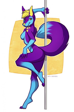 anthro breasts female fur hair looking_at_viewer nipples nude pole smile solo standing stripper_pole spefides canid canine mammal digital_media_(artwork) hi_res shaded