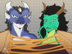 anthro blue_body blue_scales duo food fur grilled_cheese horn male open_mouth sandwich_(food) scales simple_background prismanoodle_(artist) asian_mythology east_asian_mythology european_mythology mythology rykin dragon eastern_dragon mythological_creature mythological_scalie scalie western_dragon 2022 4:3 digital_media_(artwork) hi_res