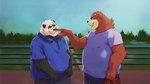 anthro belly black_body black_fur boop bottomwear brown_body brown_fur clothing detailed_background duo eyewear fur glasses humanoid_hands male nose_boop outside overweight overweight_male pants shirt topwear white_body white_fur dino_pandaa bear giant_panda mammal 2023 absurd_res hi_res