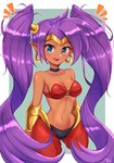 alternate_hairstyle bandeau blue_eyes blush breasts brown_body brown_skin clothing crown ear_piercing ear_ring female hair headgear humanoid_pointy_ears long_hair navel not_furry open_mouth piercing pigtails pointy_ears purple_hair ring_piercing simple_background solo tiara topwear wata-ridley shantae_(series) wayforward shantae genie humanoid 2021 hi_res signature