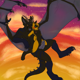 5_toes anthro balls breasts claws digitigrade duo erection feet female genitals hand_on_hip hindpaw humanoid_genitalia humanoid_penis larger_male male male/female midair nipples nude on_top paws penis pose size_difference smaller_female straddling tail thick_penis toes vulva wings xenoforge ikerochu kazza canid canine canis demon domestic_dog fox hybrid mammal 1:1 absurd_res hi_res