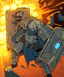 5_fingers 5_toes action_scene anthro armor belt belt_pouch black_nails bottomwear clothing colored_nails cuirass explosion feet fingerless_gloves fingers footwear fur gloves glowing glowing_eyes greaves handwear holding_object holding_shield humanoid_feet humanoid_hands inner_ear_fluff loincloth male nails one_ear_up pauldron plantigrade plate_armor scarf shield smile smirk solo toeless_footwear toes tuft vambrace white_body white_fur wide_stance yellow_eyes yellow_sclera ceehaz cirrus_(bestteeth) canid canine canis domestic_dog mammal nordic_sled_dog samoyed spitz 2025 hi_res