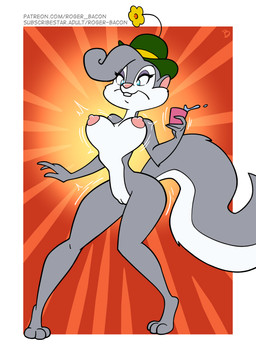 3_toes 4_fingers after_transformation anthro areola big_breasts biped blue_eyes bouncing_breasts bowler_hat breasts buckteeth clothing container cup digitigrade eyelashes feet female female_anthro fingers flower fur genitals glistening glistening_eyes green_clothing green_hat green_headwear grey_body grey_ears grey_fur grey_tail hat hat_only headgear headgear_only headwear headwear_only holding_container holding_cup holding_object humanoid_genitalia humanoid_vulva logo looking_down looking_down_at_self mostly_nude mostly_nude_anthro mostly_nude_female multicolored_body multicolored_fur nipples pink_areola pink_inner_ear pink_nipples pink_nose plant snout solo tail teeth text toes two_tone_body two_tone_fur two_tone_hat two_tone_tail vulva white_body white_fur white_tail yellow_clothing yellow_flower yellow_hat yellow_headwear roger_bacon animaniacs warner_brothers slappy_squirrel mammal rodent sciurid tree_squirrel 2026 absurd_res artist_logo hi_res url