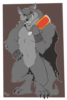 anthro biped black_cape black_clothing cape cheek_tuft claws clothing countershade_face countershade_fur countershade_torso countershading cuff_(restraint) digitigrade eye_scar facial_scar facial_tuft front_view fur grey_body grey_fur grin hand_on_hip hand_on_own_hip holding_object looking_at_viewer male muscular muscular_male navel notched_ear restraints scar shackles simple_background smile solo standing toe_claws tuft white_body white_countershading white_fur fuf canid canine canis mammal wolf 2019 2:3 hi_res