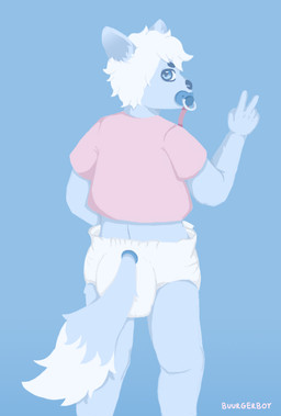 ageplay anthro blue_background blue_eyes clean_diaper clothed clothing diaper furgonomics gesture hand_gesture infantilism looking_back male object_in_mouth pacifier pacifier_clip pacifier_in_mouth rear_view roleplay simple_background solo standing tail tail_clothing v_sign wearing_diaper buurgerboy pillow_(buurgerboy) canid canine fox mammal 2017 signature