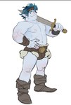 biped blue_body blue_hair blue_skin boots bottomwear bulge clothed clothing eyebrows footwear hair holding_melee_weapon holding_object holding_sword holding_weapon humanoid_pointy_ears male melee_weapon muscular muscular_humanoid muscular_male navel nipples not_furry pecs pointy_ears pose shoes shorts simple_background smile solo standing sword topless weapon white_background horikwawataru disney onward_(2020) pixar barley_lightfoot elf humanoid hi_res