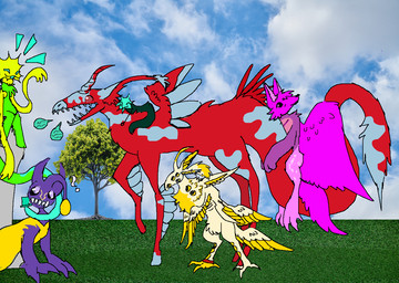 ambiguous_gender anthro apode big_teeth cloud dialogue exclamation_point feathers feet feral grass group horn legless long_ears long_tail multi_eye multi_wing noseless people. plant raised_leg scenery serpentine sharp_teeth silly sitting_on_another sitting_on_tail size_difference sky speech_bubble split_form standing tail talons teeth toes tree wings allycatboom mythology nintendo pokemon fan_character angel canid canine draconcopode dragon fish fox generation_7_pokemon humanoid hybrid lamia mammal marine mythological_creature mythological_scalie pokemon_(species) reptile scalie snake ultra_beast xurkitree colorful_theme