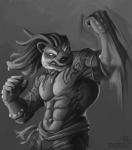 abs anthro athletic beard biceps big_muscles dreadlocks facial_hair fur hair male muscular muscular_anthro muscular_arms muscular_legs muscular_male pecs solo tattoo wrestler deriaz maverick_gunshow mammal mustelid otter 2016 black_and_white digital_media_(artwork) monochrome