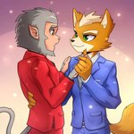 anthro brown_eyes clothed clothing dancing duo fully_clothed fur green_eyes hand_holding hand_on_hip hand_on_shoulder interspecies looking_at_another male male/male orange_body orange_fur simple_background smile standing suit white_body white_fur rjdrawsstuffsometimes nintendo star_fox andrew_oikonny fox_mccloud canid canine fox haplorhine mammal monkey primate