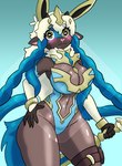 anthro blue_hair blue_tail blush bracelet brown_body bunny_costume clothed clothing costume female fusion gold_(metal) gold_bracelet gold_jewelry hair jewelry melee_weapon pokemon_fusion pouch_(clothing) solo sword tail thigh_belt weapon white_hair yellow_eyes diamond_grenadier nintendo pokemon zenia_the_wooloo_zacian crowned_sword_zacian generation_8_pokemon legendary_pokemon pokemon_(species) wooloo zacian hi_res