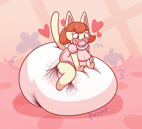 anthro bib big_diaper black_eyes blush diaper female fur hair heart_symbol huge_diaper hyper_diaper object_in_mouth pacifier pacifier_in_mouth poof_effect raised_tail red_hair solo spread_legs spreading tail text white_body white_fur dummydoodles animal_crossing nintendo felicity_(animal_crossing) felid mammal