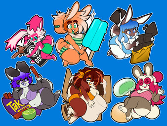 4_toes anthro beverage big_breasts blue_eyes blue_hair bra breasts brown_body brown_fur brown_hair candy chibi chocolate clothed clothing coffee curvy_figure dessert feet female food fur graham_cracker green_eyes green_sclera grey_body grey_fur group hair hair_over_eye huge_breasts long_ears looking_at_viewer male marshmallow multicolored_body multicolored_fur multicolored_hair one_eye_closed orange_body orange_fur orange_hair overweight overweight_anthro overweight_female panties pink_body pink_fur pink_hair popsicle purple_eyes purple_hair purple_tongue soles thick_thighs toes tongue two_tone_body two_tone_fur two_tone_hair underwear voluptuous white_body white_fur white_hair wide_hips mr.pink takis berri_(mr.pink) canela_(mr.pink) coco_(mr.pink) dulce_(mr.pink) pwink_(mr.pink) raspberry_(mr.pink) lagomorph leporid mammal rabbit hi_res