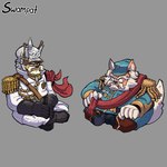 anthro armor beard brown_body brown_fur clothing duo eyebrows facial_hair fur hair hat headgear headwear helmet male mature_male military_uniform mustache pickelhaube sitting thick_eyebrows uniform white_hair swampat cyberconnect2 fuga:_melodies_of_steel little_tail_bronx colonel_pretzel commander_merlot hi_res
