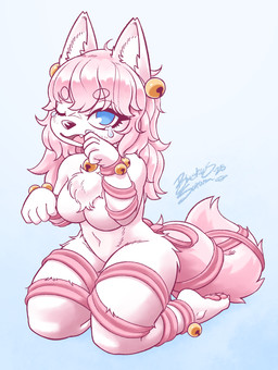 anthro bell blue_eyes bodily_fluids bow_(feature) bow_ribbon breasts crying eyebrow_through_hair eyebrows featureless_breasts featureless_crotch female fluffy fluffy_chest fur hair kneeling long_hair navel nude pawpads pink_hair pink_tail ribbons solo tail tears teeth translucent translucent_hair white_body white_fur wiping_tears blasticussaturn mina_wolf_(blasticussaturn) canid canine canis mammal wolf 2025 digital_media_(artwork) hi_res signature